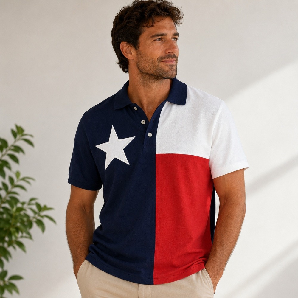 Tiger Hill Texas‎ Flag Polo Shirt Mens Large L Navy Red White Lone Star State